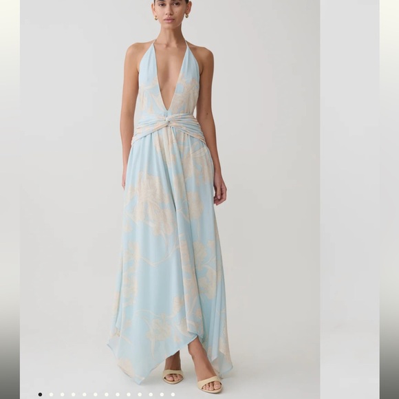 Meshki Dresses & Skirts - Meshki Cyra
Plunge Chiffon Midi Dress - Blue Floral Print